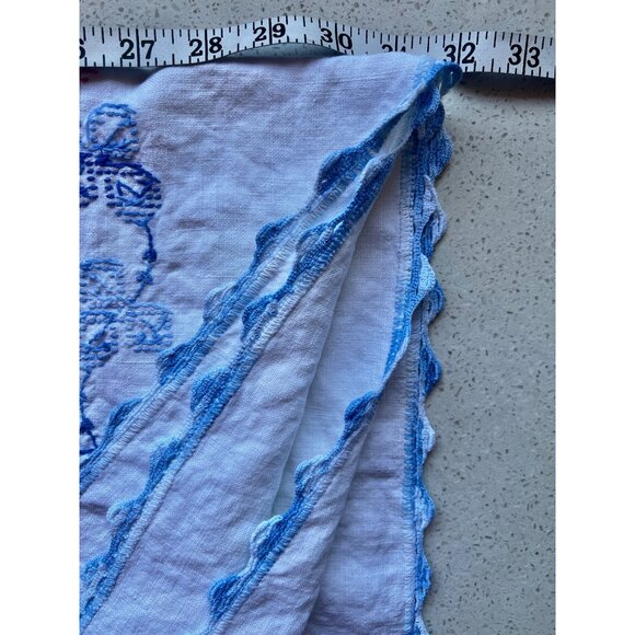 Vintage White Linen Tablecloth Blue Crocheted Edge & Floral Cross Stitch Embroid - Picture 4 of 9